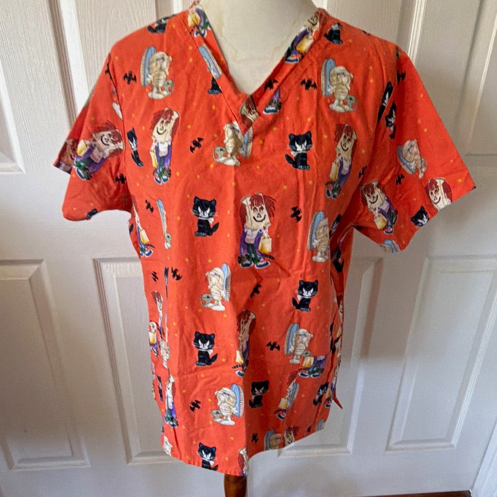 Life Womens Medical Scrub Top L Orange Halloween  Cotton V Neck Pocket Nurse Vet